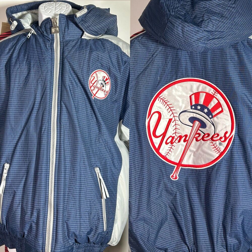 Vtg 90s Large New York Yankees Puffer Jacket Hooded Blue Gray Grid Texture Y2K
